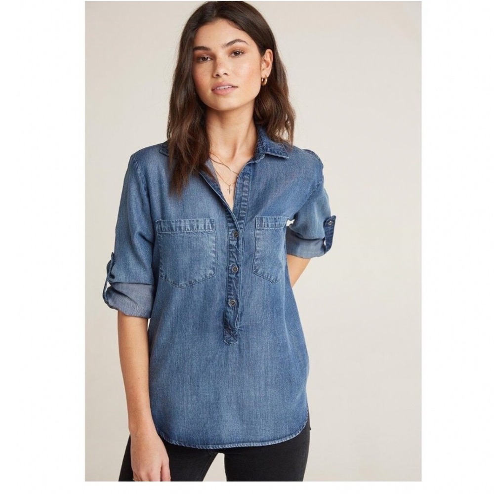 Cloth & Stone Tencel Denim Popover Shirt Medium Wash Blue size Small Western